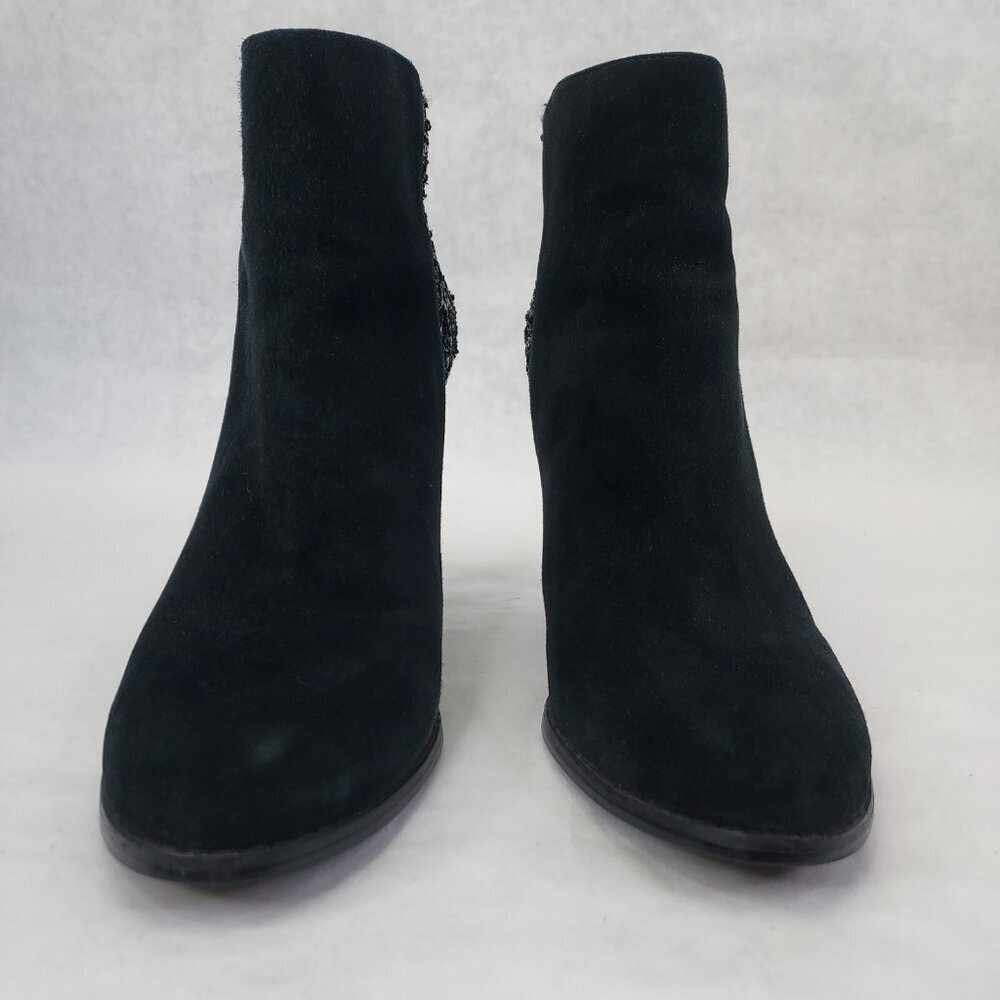 BCBG Milan Stiletto Ankle Booties Women's 9.5B Black Suede Glitter Zip Heel Glam - Picture 3 of 15